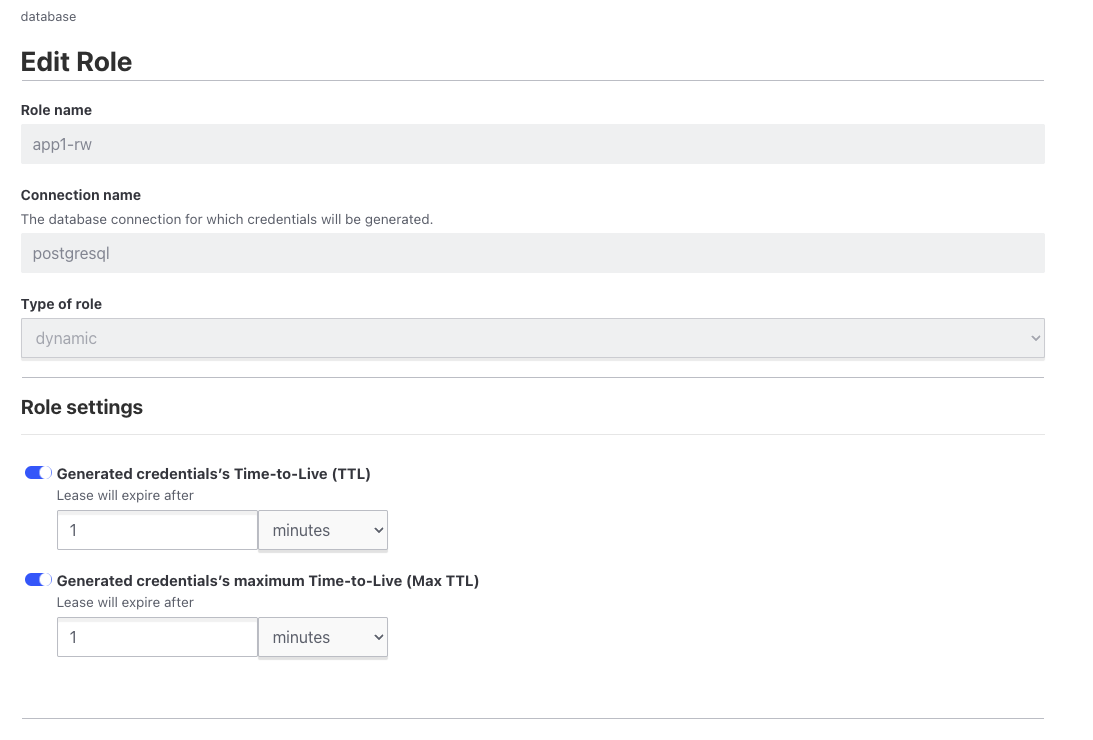 Vault UI: Edit Role form showing the role name app1-rw, the postgresql connection, dynamic role type, and TTL settings