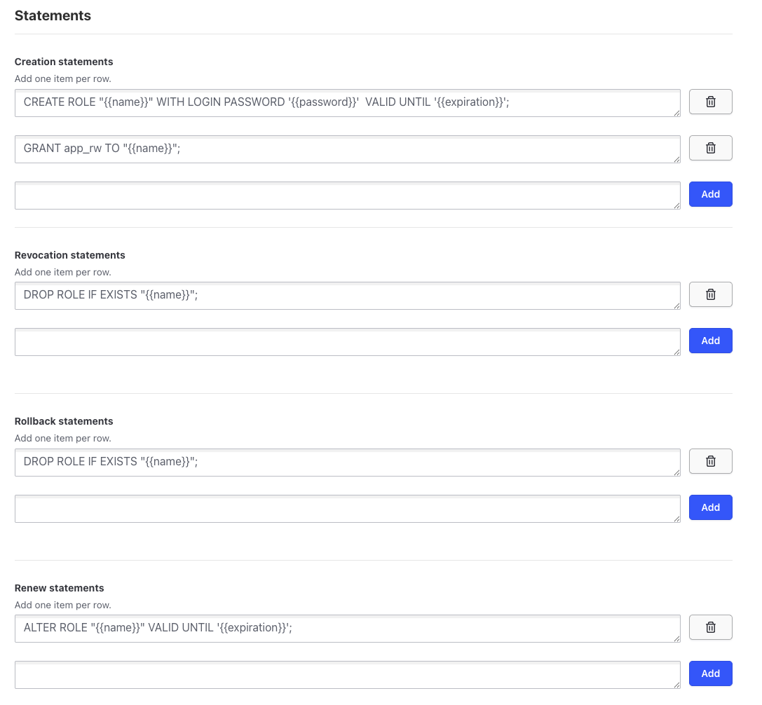 Vault UI: statement fields for creation, revocation, rollback, and renewal